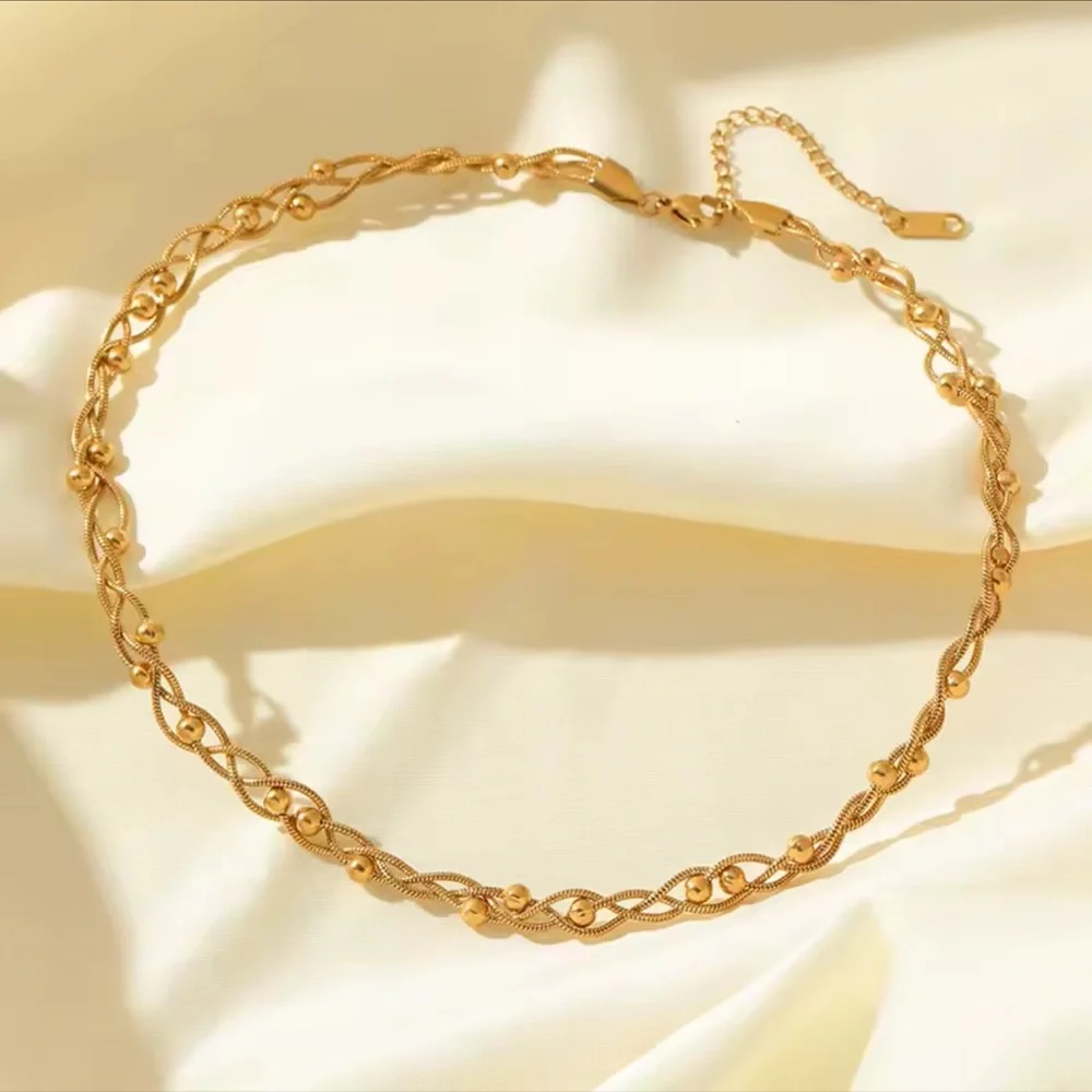 18K Gold plated Bead Winding Chain Necklace Bracelets Set Stainless Steel